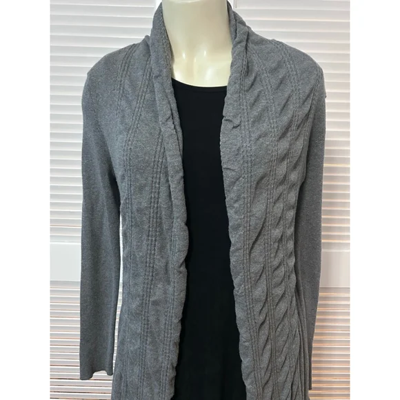 Cache Gray Draped Open Front Cardigan Sweater L Belted Faux Leather Shawl Collar - Picture 3 of 9